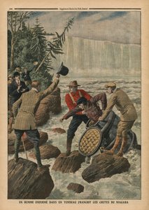 Een man in een ton die de Niagara-watervallen oversteekt, illustratie uit 